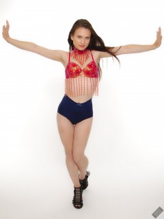 2019-09-21 Kristine Gold - in red jewelled dance-top and tight blue pantie girdle worn as hot-pants