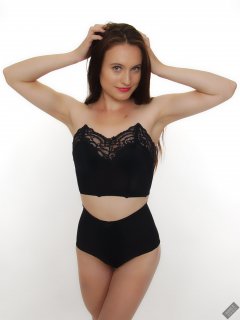 2019-09-21 Kristine Gold - in vintage-style black strapless bra-top and tight black pantie girdle worn as hot-pants