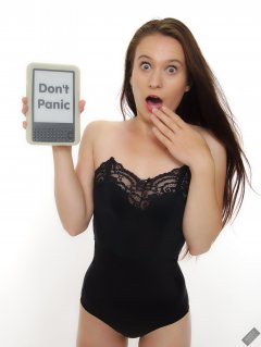 2019-09-21 Kristine Gold - Don't Panic - with reference to The Book in Hitchhikers Guide to the Galaxy, including specially hacked Kindle. Kristine wears vintage-style black strapless bra and tight black high-waist control briefs, worn  as especially bodycon hot-pants