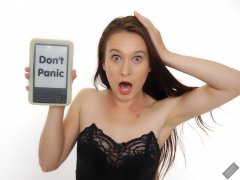 2019-09-21 Kristine Gold - Don't Panic - with reference to The Book in Hitchhikers Guide to the Galaxy, including specially hacked Kindle. Kristine wears vintage-style black strapless bra and tight black high-waist control briefs, worn  as especially bodycon hot-pants