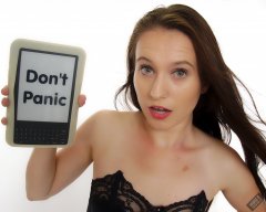 2019-09-21 Kristine Gold - Don't Panic - with reference to The Book in Hitchhikers Guide to the Galaxy, including specially hacked Kindle. Kristine wears vintage-style black strapless bra and tight black high-waist control briefs, worn  as especially bodycon hot-pants