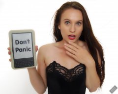 2019-09-21 Kristine Gold - Don't Panic - with reference to The Book in Hitchhikers Guide to the Galaxy, including specially hacked Kindle. Kristine wears vintage-style black strapless bra and tight black high-waist control briefs, worn  as especially bodycon hot-pants