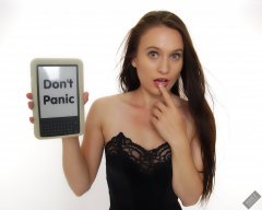 2019-09-21 Kristine Gold - Don't Panic - with reference to The Book in Hitchhikers Guide to the Galaxy, including specially hacked Kindle. Kristine wears vintage-style black strapless bra and tight black high-waist control briefs, worn  as especially bodycon hot-pants