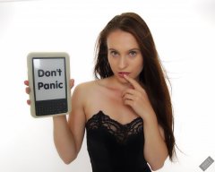 2019-09-21 Kristine Gold - Don't Panic - with reference to The Book in Hitchhikers Guide to the Galaxy, including specially hacked Kindle. Kristine wears vintage-style black strapless bra and tight black high-waist control briefs, worn  as especially bodycon hot-pants