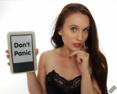 2019-09-21 Kristine Gold - Don't Panic - with reference to The Book in Hitchhikers Guide to the Galaxy, including specially hacked Kindle. Kristine wears vintage-style black strapless bra and tight black high-waist control briefs, worn  as especially bodycon hot-pants