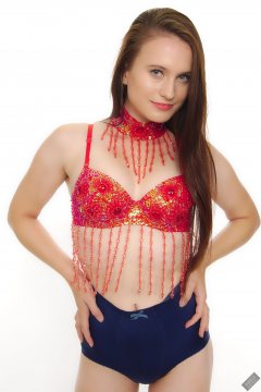 2019-09-21 Kristine Gold - in red jewelled dance-top and tight blue pantie girdle worn as hot-pants