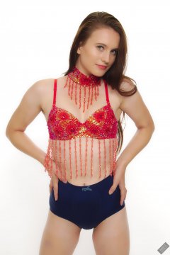 2019-09-21 Kristine Gold - in red jewelled dance-top and tight blue pantie girdle worn as hot-pants