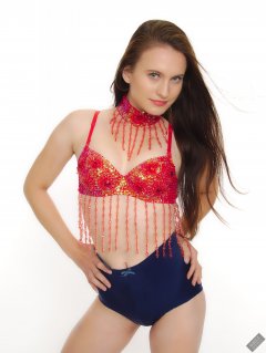 2019-09-21 Kristine Gold - in red jewelled dance-top and tight blue pantie girdle worn as hot-pants