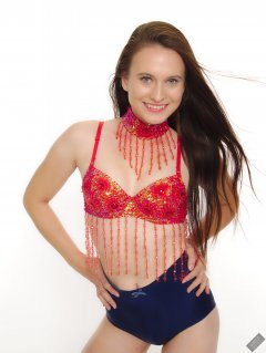 2019-09-21 Kristine Gold - in red jewelled dance-top and tight blue pantie girdle worn as hot-pants