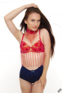 2019-09-21 Kristine Gold - in red jewelled dance-top and tight blue pantie girdle worn as hot-pants