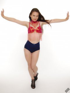 2019-09-21 Kristine Gold - in red jewelled dance-top and tight blue pantie girdle worn as hot-pants