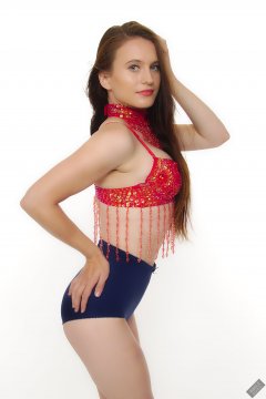 2019-09-21 Kristine Gold - in red jewelled dance-top and tight blue pantie girdle worn as hot-pants