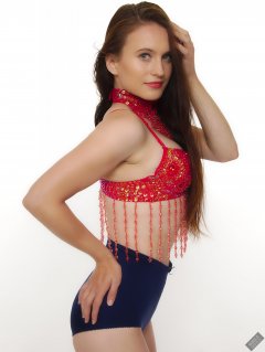 2019-09-21 Kristine Gold - in red jewelled dance-top and tight blue pantie girdle worn as hot-pants