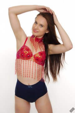 2019-09-21 Kristine Gold - in red jewelled dance-top and tight blue pantie girdle worn as hot-pants