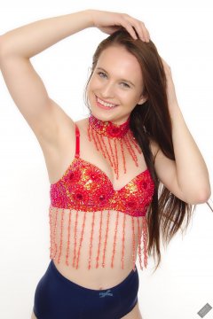 2019-09-21 Kristine Gold - in red jewelled dance-top and tight blue pantie girdle worn as hot-pants