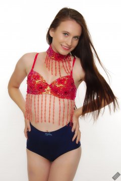 2019-09-21 Kristine Gold - in red jewelled dance-top and tight blue pantie girdle worn as hot-pants