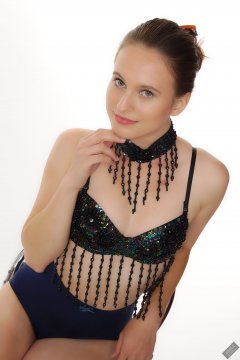 2019-09-21 Kristine Gold - in dark-blue jewelled dance-top and tight blue pantie girdle worn as hot-pants