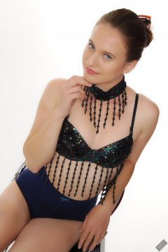 2019-09-21 Kristine Gold - in dark-blue jewelled dance-top and tight blue pantie girdle worn as hot-pants