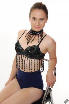 2019-09-21 Kristine Gold - in dark-blue jewelled dance-top and tight blue pantie girdle worn as hot-pants