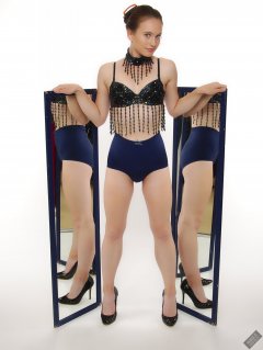 2019-09-21 Kristine Gold - in dark-blue jewelled dance-top and tight blue pantie girdle worn as hot-pants