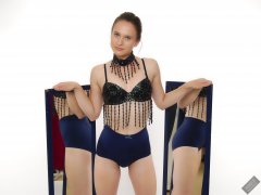 2019-09-21 Kristine Gold - in dark-blue jewelled dance-top and tight blue pantie girdle worn as hot-pants