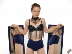 2019-09-21 Kristine Gold - in dark-blue jewelled dance-top and tight blue pantie girdle worn as hot-pants