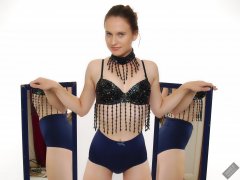 2019-09-21 Kristine Gold - in dark-blue jewelled dance-top and tight blue pantie girdle worn as hot-pants