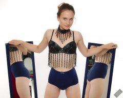 2019-09-21 Kristine Gold - in dark-blue jewelled dance-top and tight blue pantie girdle worn as hot-pants