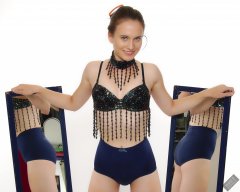 2019-09-21 Kristine Gold - in dark-blue jewelled dance-top and tight blue pantie girdle worn as hot-pants