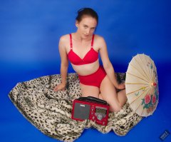 2019-09-21 Kristine Gold - in matching bright red vintage-style bra and red pocket girdle worn as hot-pants