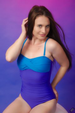 2019-09-21 Kristine Gold - in blue and purple vintage-style one-piece tummy-control swimsuit by M&S