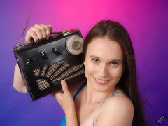 2019-09-21 Kristine Gold - in blue and purple vintage-style one-piece tummy-control swimsuit by M&S - with vintage Radio Exchange Roamer Ten multi-band radio