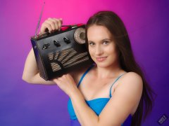 2019-09-21 Kristine Gold - in blue and purple vintage-style one-piece tummy-control swimsuit by M&S - with vintage Radio Exchange Roamer Ten multi-band radio