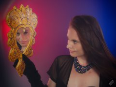 2019-09-21 Kristine Gold - in tightly-laced black underbust corset worn over black Miraclesuit strapless one-piece bodyshaper