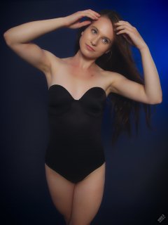 2019-09-21 Kristine Gold - in tight black Miraclesuit one-piece strapless bodyshaper