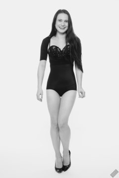 2019-12-14 Kristine Gold in retro-style black posture top and high waist control briefs performing her posing repertoire