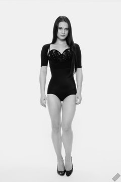 2019-12-14 Kristine Gold in retro-style black posture top and high waist control briefs performing her posing repertoire