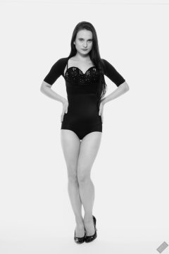 2019-12-14 Kristine Gold in retro-style black posture top and high waist control briefs performing her posing repertoire