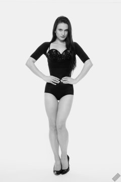 2019-12-14 Kristine Gold in retro-style black posture top and high waist control briefs performing her posing repertoire