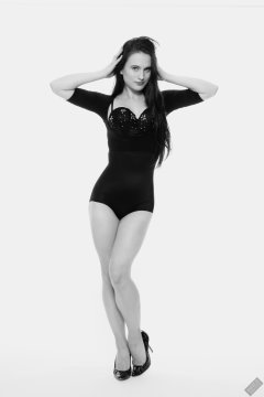 2019-12-14 Kristine Gold in retro-style black posture top and high waist control briefs performing her posing repertoire