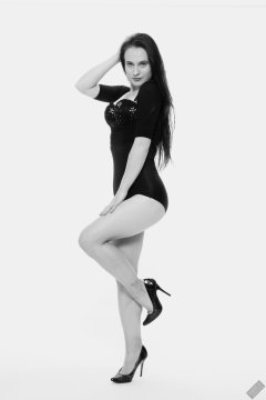 2019-12-14 Kristine Gold in retro-style black posture top and high waist control briefs performing her posing repertoire