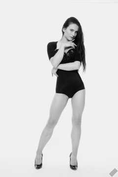 2019-12-14 Kristine Gold in retro-style black posture top and high waist control briefs performing her posing repertoire