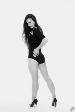 2019-12-14 Kristine Gold in retro-style black posture top and high waist control briefs performing her posing repertoire