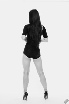 2019-12-14 Kristine Gold in retro-style black posture top and high waist control briefs performing her posing repertoire