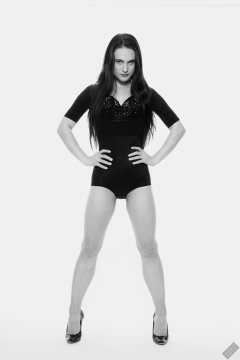 2019-12-14 Kristine Gold in retro-style black posture top and high waist control briefs performing her posing repertoire