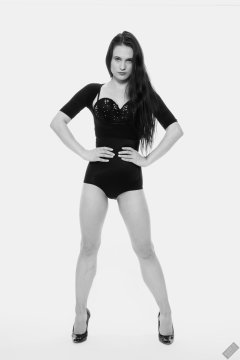 2019-12-14 Kristine Gold in retro-style black posture top and high waist control briefs performing her posing repertoire