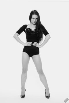 2019-12-14 Kristine Gold in retro-style black posture top and high waist control briefs performing her posing repertoire