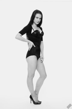 2019-12-14 Kristine Gold in retro-style black posture top and high waist control briefs performing her posing repertoire