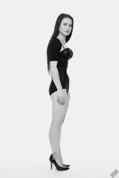 2019-12-14 Kristine Gold in retro-style black posture top and high waist control briefs performing her posing repertoire