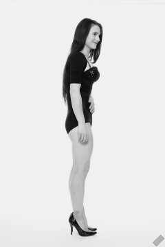 2019-12-14 Kristine Gold in retro-style black posture top and high waist control briefs performing her posing repertoire